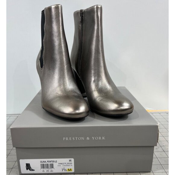 Preston & York Shoes - Preston & York Olina Pewter Leather Ankle Boots 7.5 M Side Zipper Block Heel
